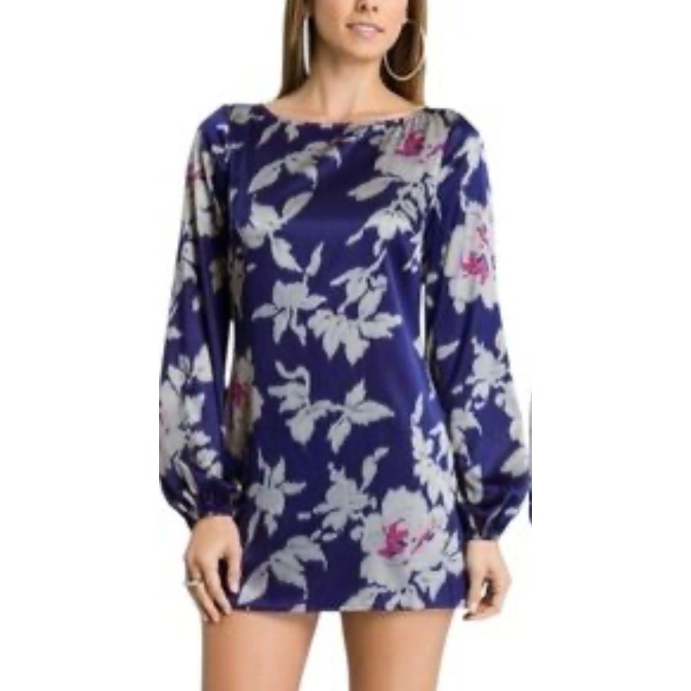 Y2K era GUESS by Marciano Blue Floral Ikat Silk Blend Mini Dress Long Sleeve XS